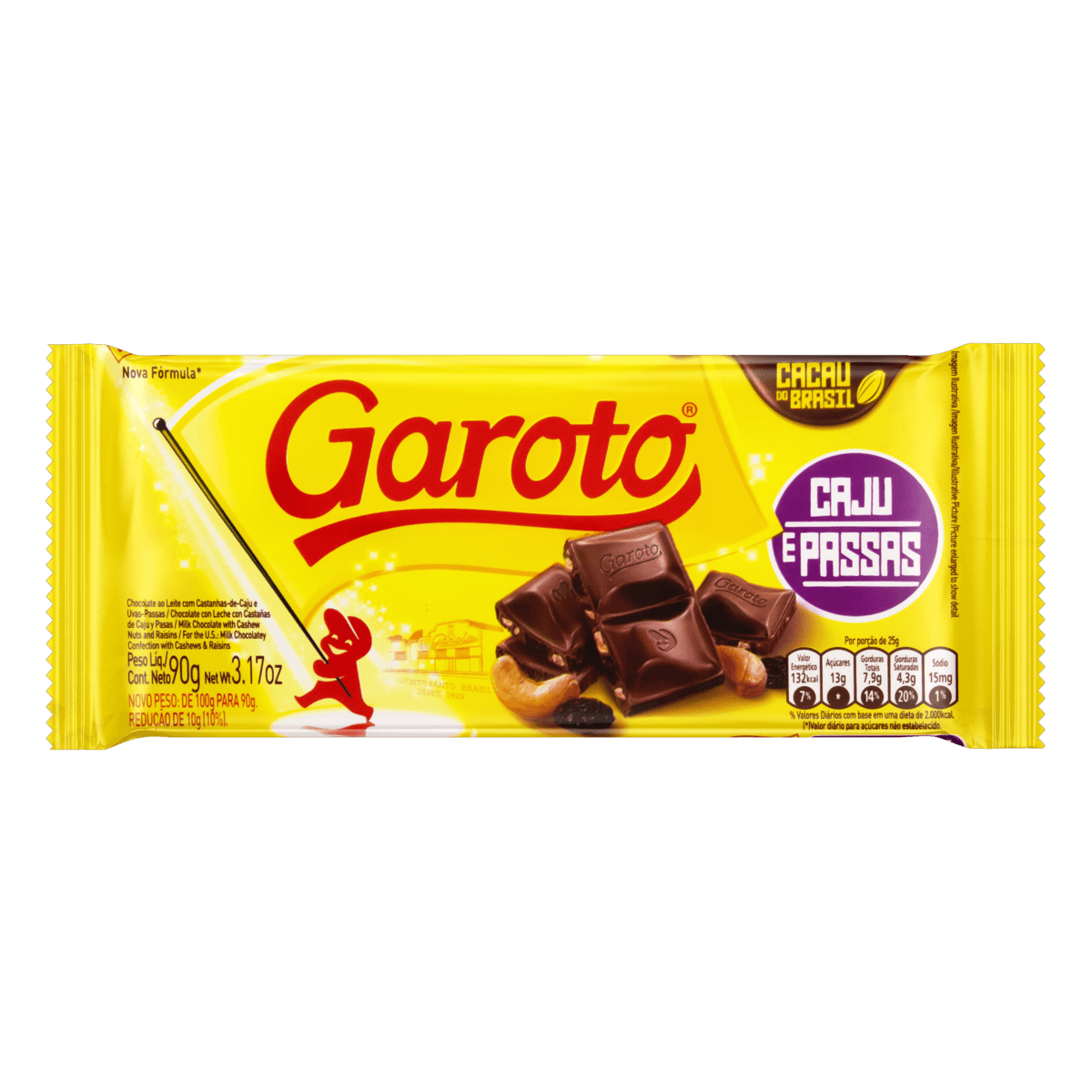 CHOCOLATE GAROTO CHOC LEITE CAJU/PASSAS TAB 90G